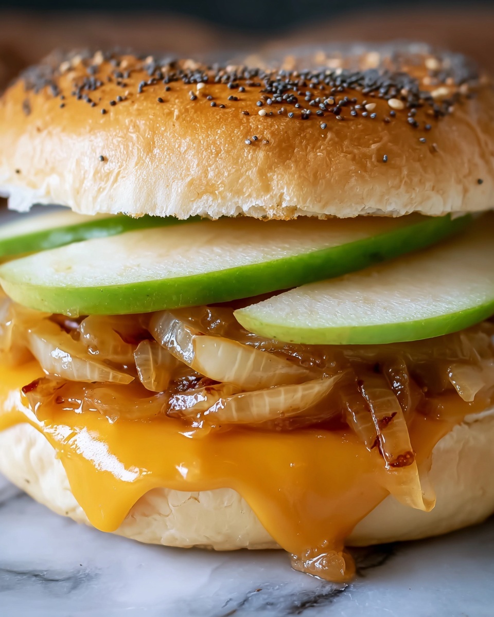 Pear Apple Cheddar Caramelized Onion Grilled Cheese Bagel Sandwich Recipe - Recipe Image