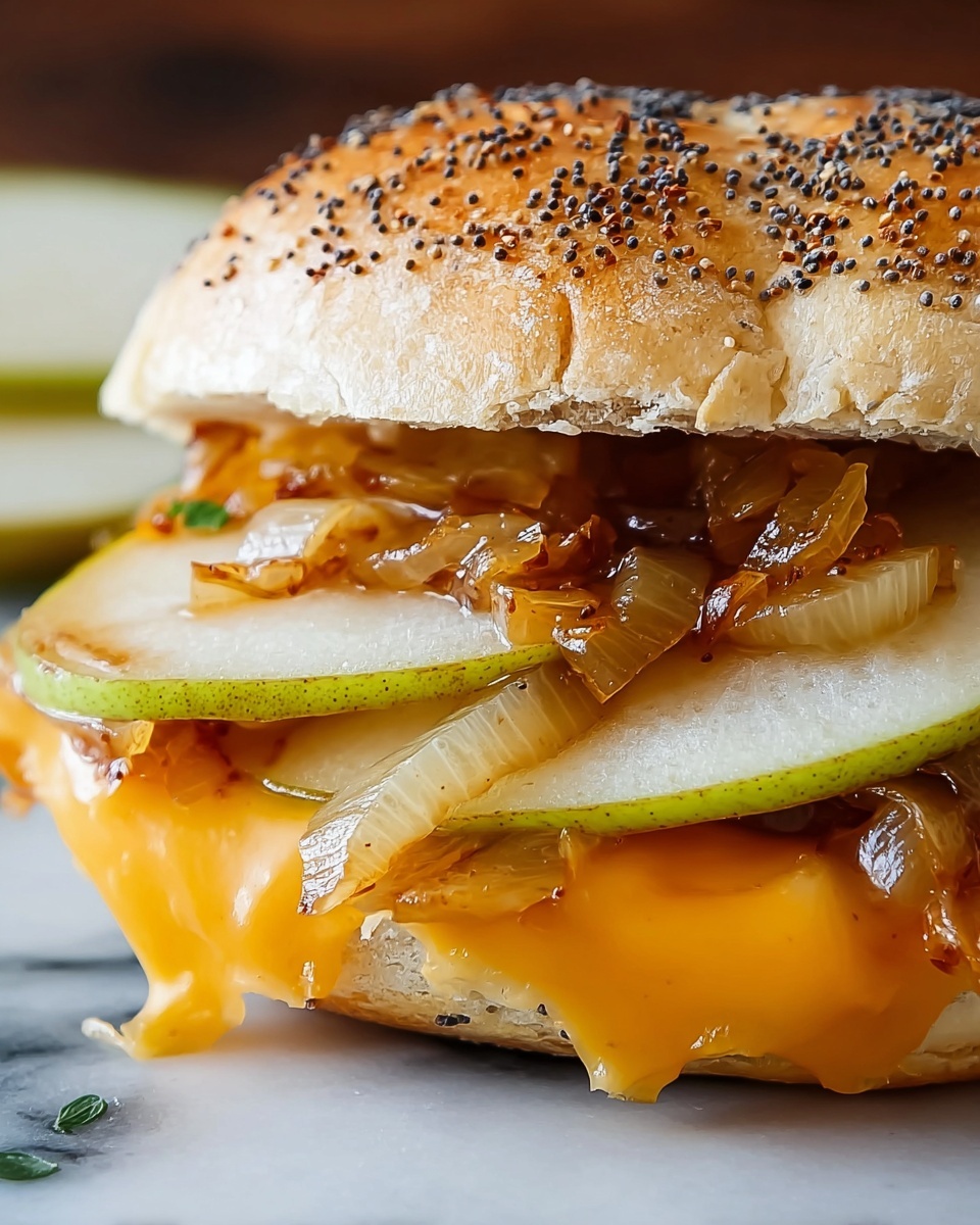 Pear Apple Cheddar Caramelized Onion Grilled Cheese Bagel Sandwich Recipe - Recipe Image